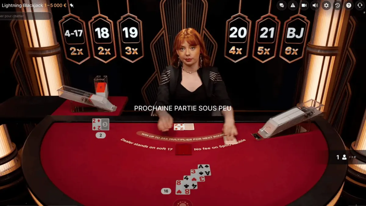 Partie en cours sur le fameux jeu de Lightning Blackjack en direct